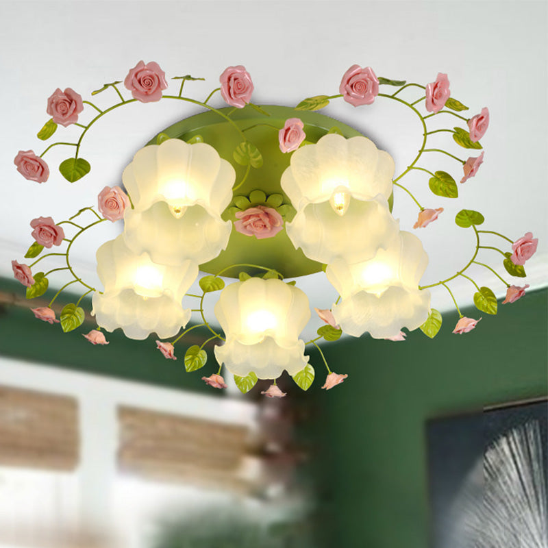 Romantic Green Floral Ceiling Light Fixture with 1/3/5 Metal Heads for Living Room Flush Mount