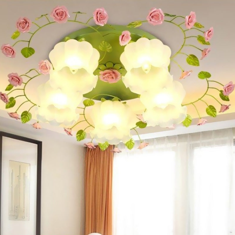 Romantic Green Floral Ceiling Light Fixture with 1/3/5 Metal Heads for Living Room Flush Mount