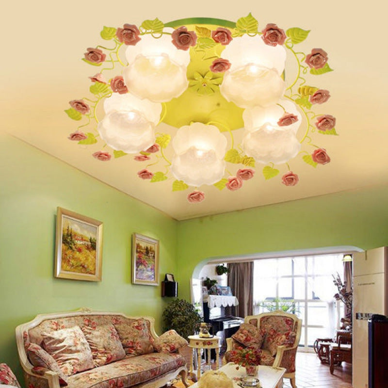 Romantic Green Floral Ceiling Light Fixture with 1/3/5 Metal Heads for Living Room Flush Mount