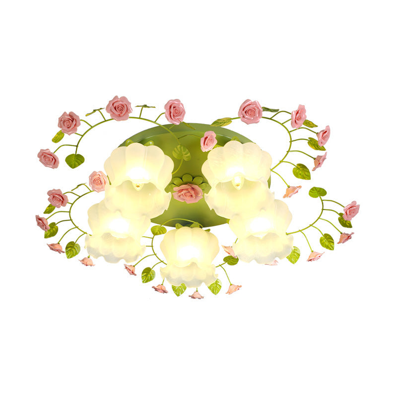 Romantic Green Floral Ceiling Light Fixture with 1/3/5 Metal Heads for Living Room Flush Mount