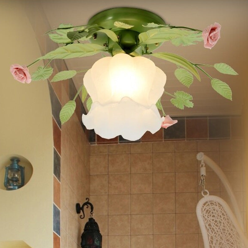 Romantic Green Floral Ceiling Light Fixture with 1/3/5 Metal Heads for Living Room Flush Mount