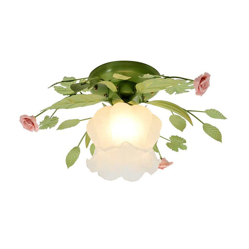 Romantic Green Floral Ceiling Light Fixture with 1/3/5 Metal Heads for Living Room Flush Mount