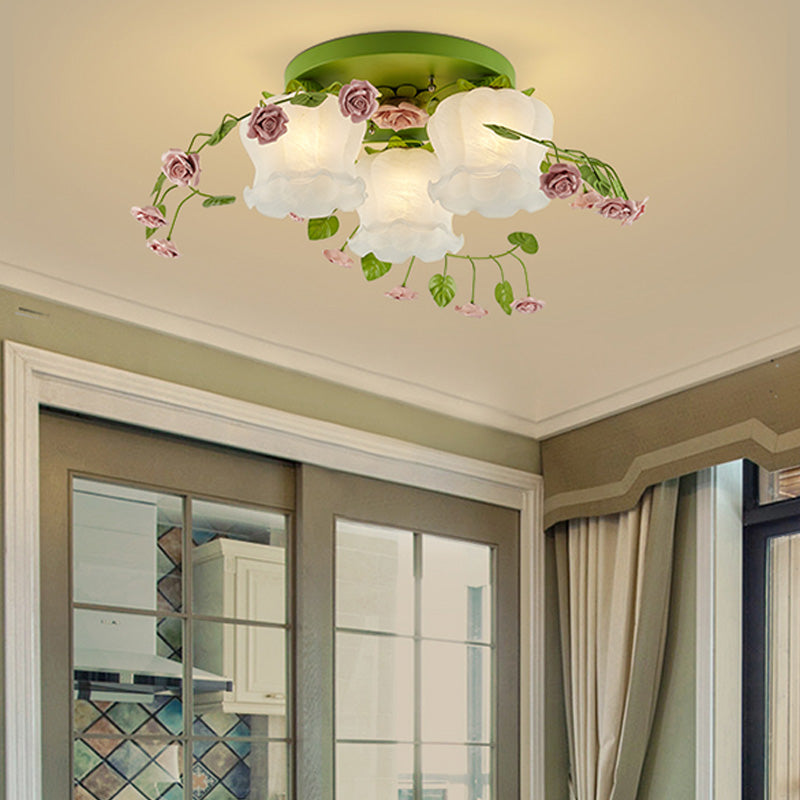 Romantic Green Floral Ceiling Light Fixture with 1/3/5 Metal Heads for Living Room Flush Mount