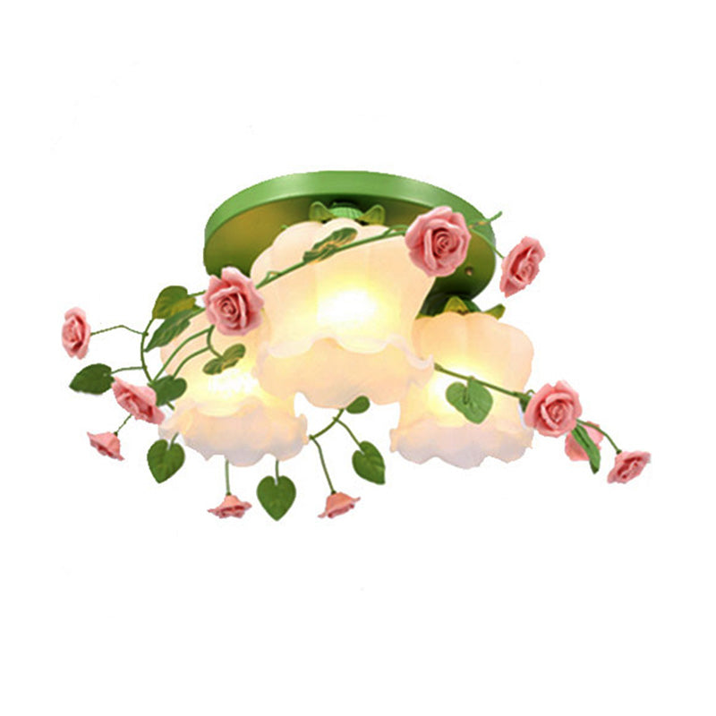 Romantic Green Floral Ceiling Light Fixture with 1/3/5 Metal Heads for Living Room Flush Mount