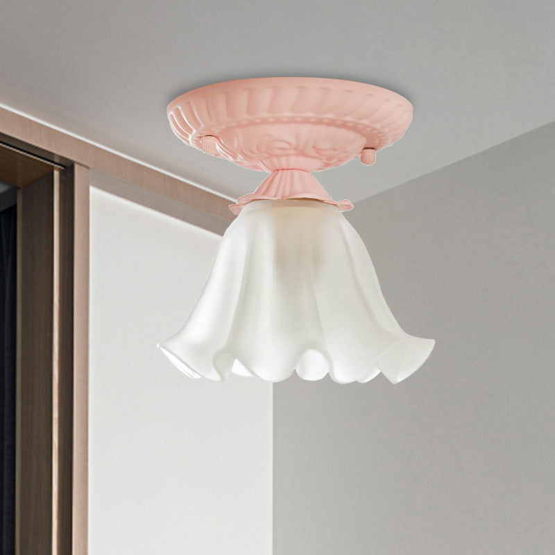 Country Scalloped Metal Ceiling Light - 1 Bulb Flush Mount in White/Pink/Blue