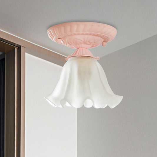 Country Scalloped Metal Ceiling Light - 1 Bulb Flush Mount in White/Pink/Blue