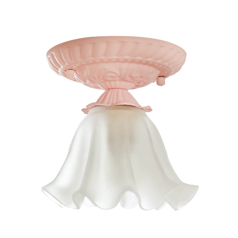 Country Scalloped Metal Ceiling Light - 1 Bulb Flush Mount in White/Pink/Blue