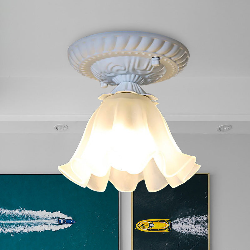 Country Scalloped Metal Ceiling Light - 1 Bulb Flush Mount in White/Pink/Blue