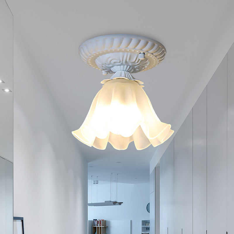 Country Scalloped Metal Ceiling Light - 1 Bulb Flush Mount in White/Pink/Blue