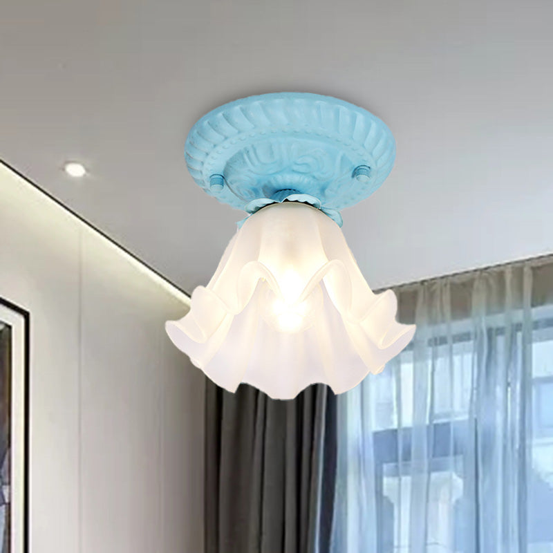Country Scalloped Metal Ceiling Light - 1 Bulb Flush Mount in White/Pink/Blue