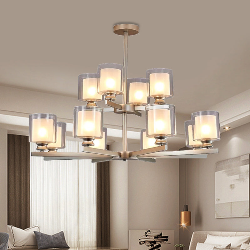 Lustre en verre blanc moderniste à 2 niveaux avec design radial - 12 lumières : luminaire suspendu noir/doré/argenté