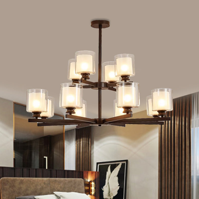 Lustre en verre blanc moderniste à 2 niveaux avec design radial - 12 lumières : luminaire suspendu noir/doré/argenté