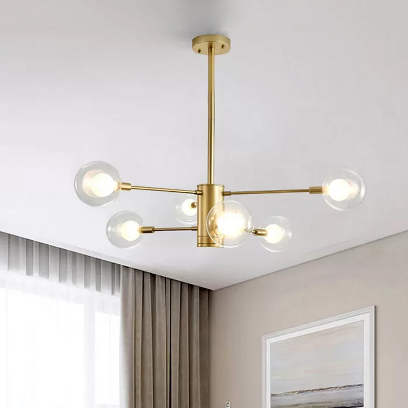 Lustre moderne en or avec abat-jour en verre transparent - 6/8 lumières, idéal pour suspendre au plafond du salon