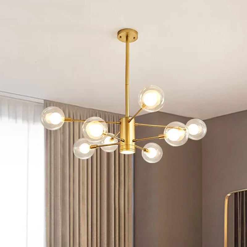 Lustre moderne en or avec abat-jour en verre transparent - 6/8 lumières, idéal pour suspendre au plafond du salon