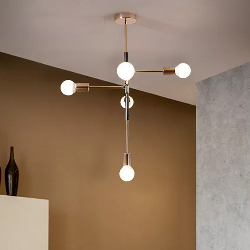Modern 5-Light Rectilinear Metal Chandelier: White/Black Bare Bulb Hanging Ceiling Light for Dining Room