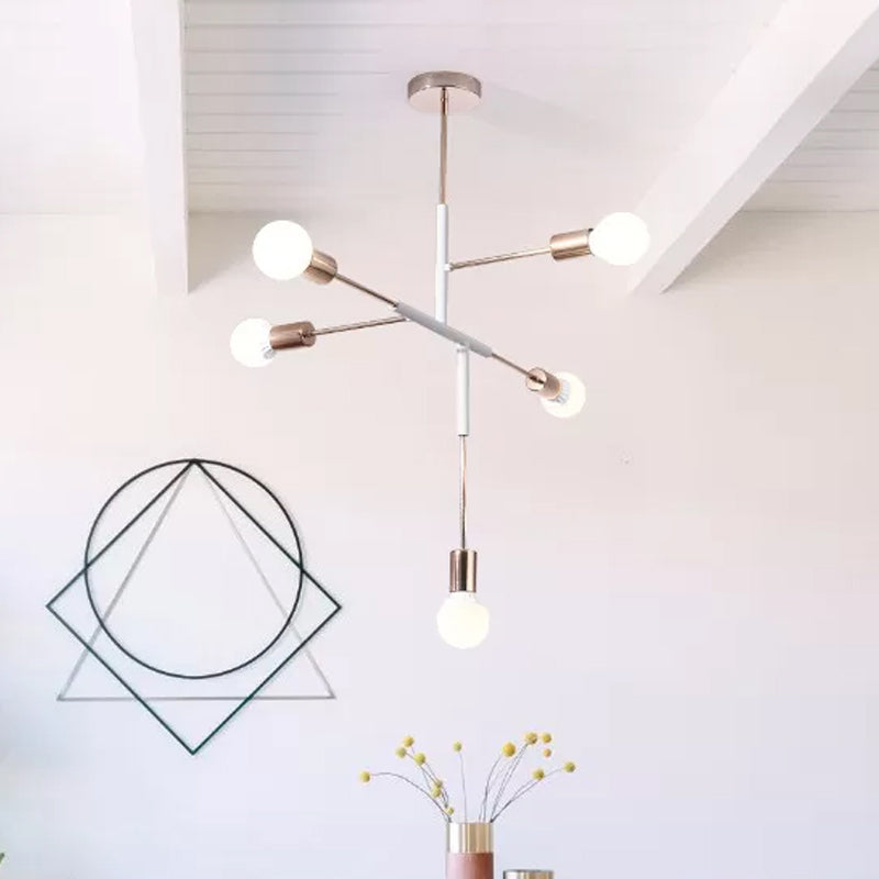 Modern 5-Light Rectilinear Metal Chandelier: White/Black Bare Bulb Hanging Ceiling Light for Dining Room