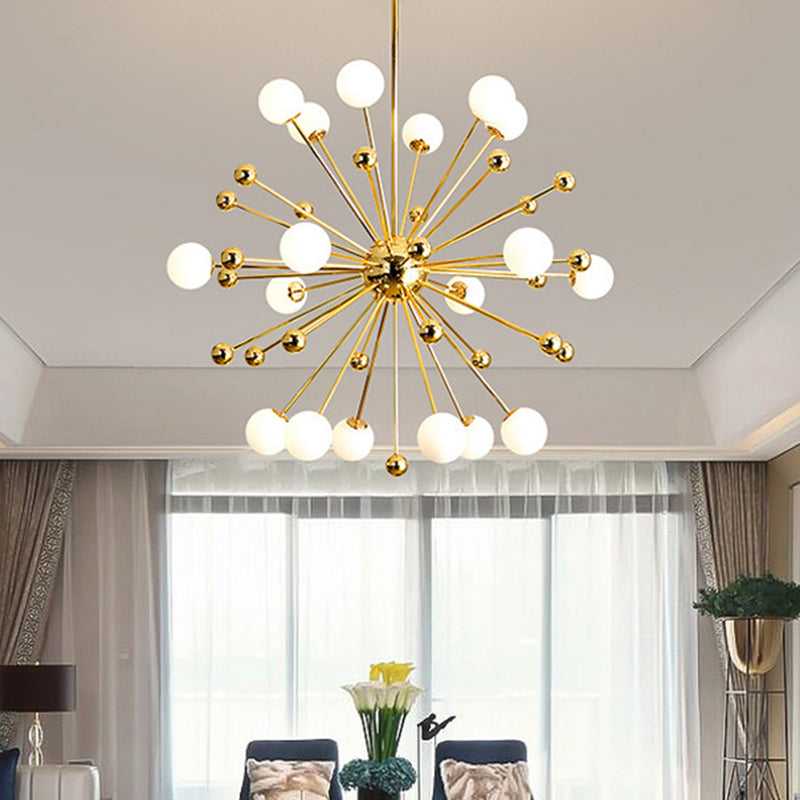 Gold Starburst Chandelier with White Glass Ball Shades - Designer Multi-Light Pendant Lamp - Various Width Options: 23.5", 31.5", 39
