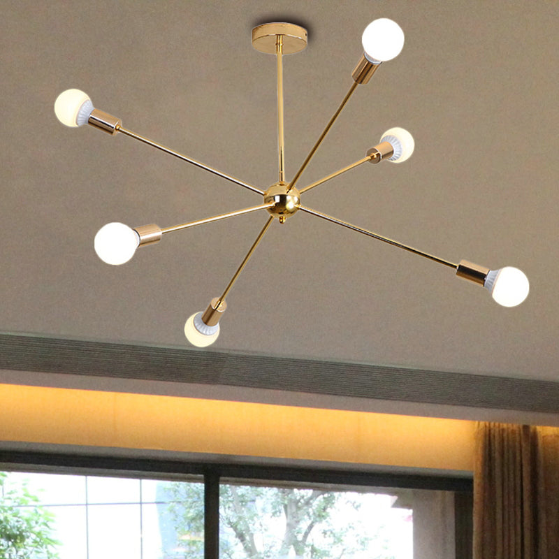 Modernist Metal Starburst Chandelier Light - 26"/38.5" Wide, Gold, 6/10/12 Lights - Hanging Ceiling Lamp with Bare Bulbs
