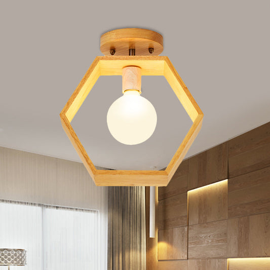Modern Wood Semi Flush Mount Light - Triangle/Square/Pentagon Shape with White Glass - 1 Head Ceiling Fixture