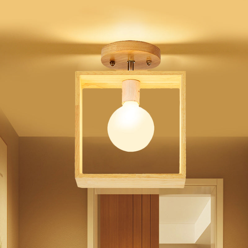 Modern Wood Semi Flush Mount Light - Triangle/Square/Pentagon Shape with White Glass - 1 Head Ceiling Fixture