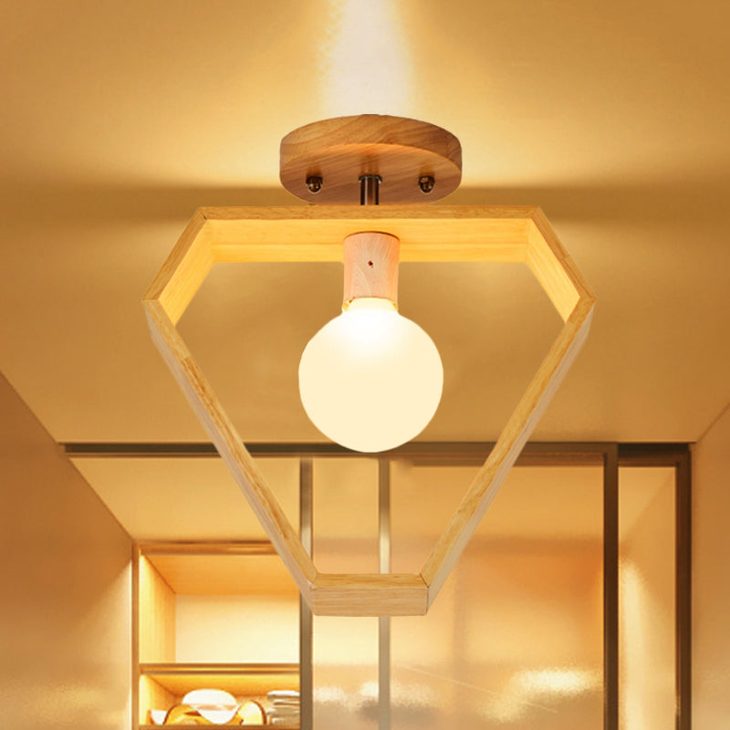 Modern Wood Semi Flush Mount Light - Triangle/Square/Pentagon Shape with White Glass - 1 Head Ceiling Fixture