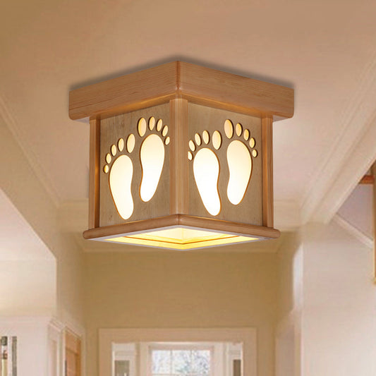 Nordic Wood Square Close to Ceiling Light - 10" W Flush Mount Fixture with Footprints for Dining Room
