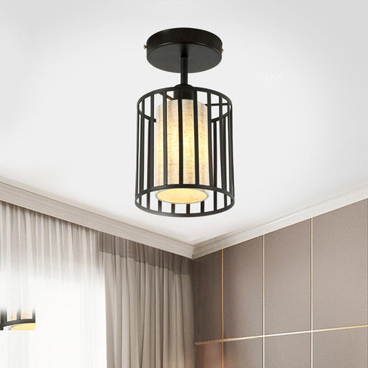 Black Metal Cage Ceiling Flush Mount Lamp with Conical/Cylindrical Shade - Simple Semi-Flushmount Design with 1 Bulb