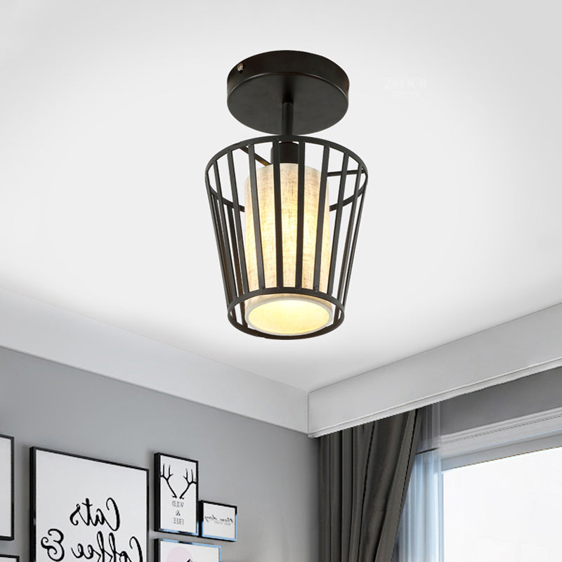 Black Metal Cage Ceiling Flush Mount Lamp with Conical/Cylindrical Shade - Simple Semi-Flushmount Design with 1 Bulb