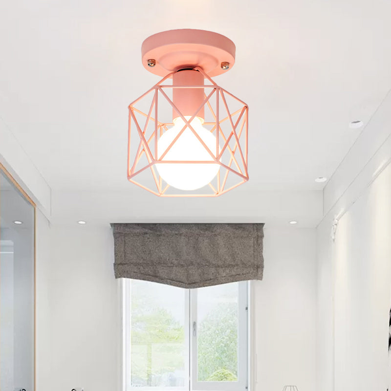 Plafonnier minimaliste avec cadre en métal et accents blancs, roses et verts - Idéal pour vestiaire