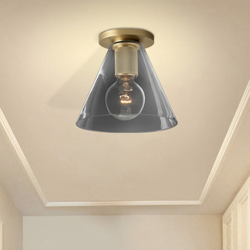 Modern Glass Flush Pendant Ceiling Light in Brass for Balcony - Globe, Cone, Cylinder, Trumpet Shapes