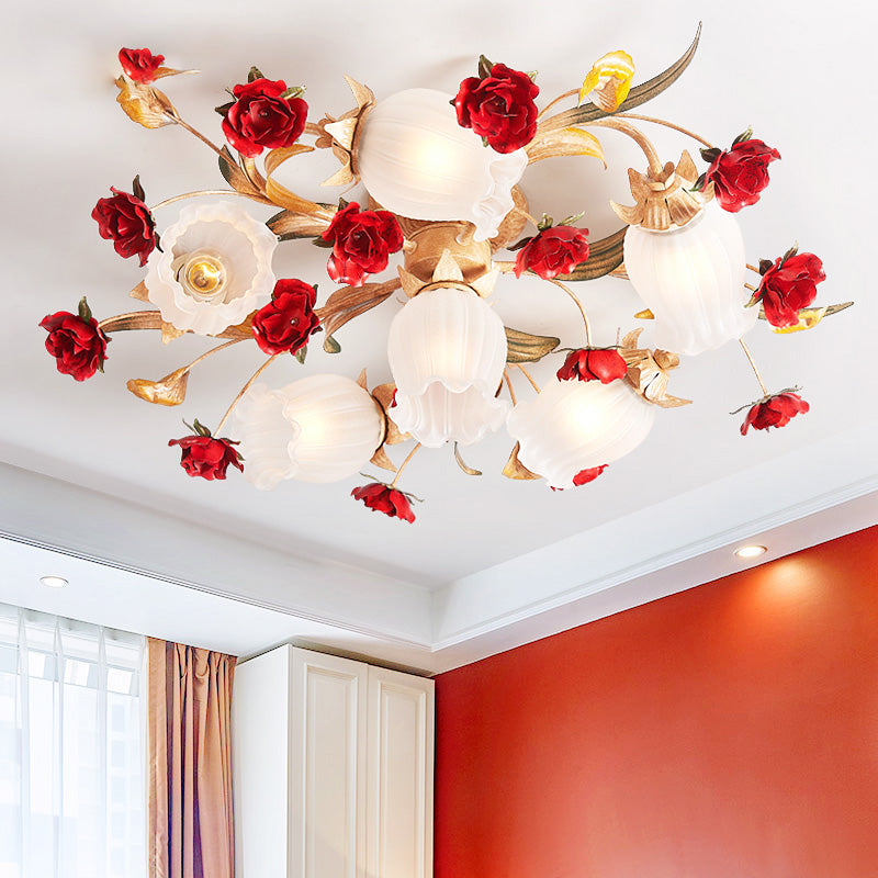Plafonnier semi-encastré de chambre à coucher à fleurs pastorales romantiques - 3/6 lumières, design en métal café