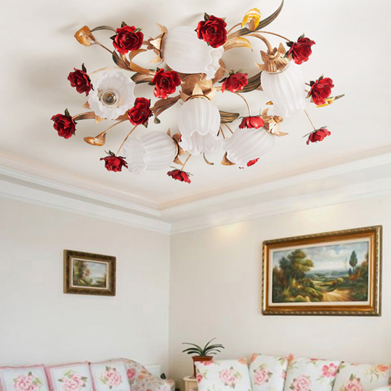 Plafonnier semi-encastré de chambre à coucher à fleurs pastorales romantiques - 3/6 lumières, design en métal café