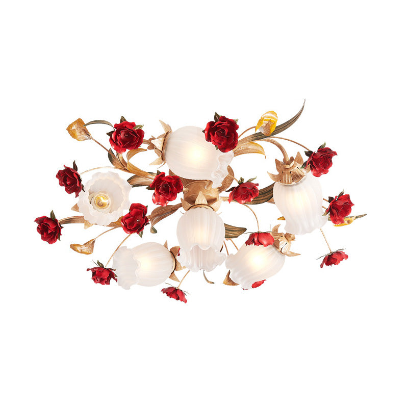 Plafonnier semi-encastré de chambre à coucher à fleurs pastorales romantiques - 3/6 lumières, design en métal café