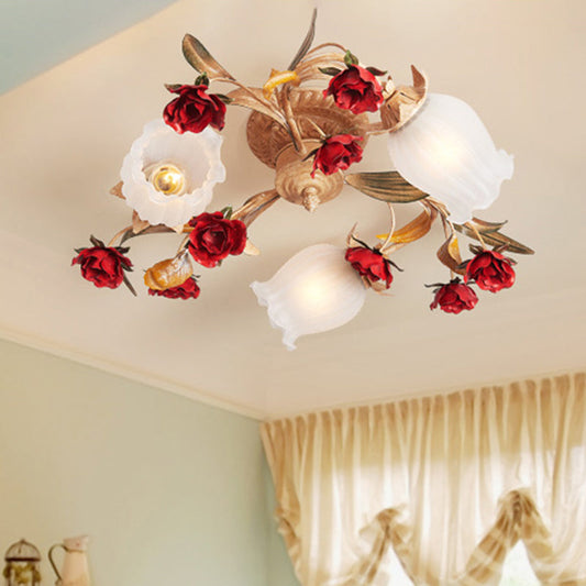 Romantic Pastoral Blossom Bedroom Semi Flush Mount Ceiling Lamp - 3/6 Lights, Coffee Metal Design