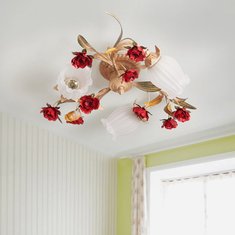 Plafonnier semi-encastré de chambre à coucher à fleurs pastorales romantiques - 3/6 lumières, design en métal café