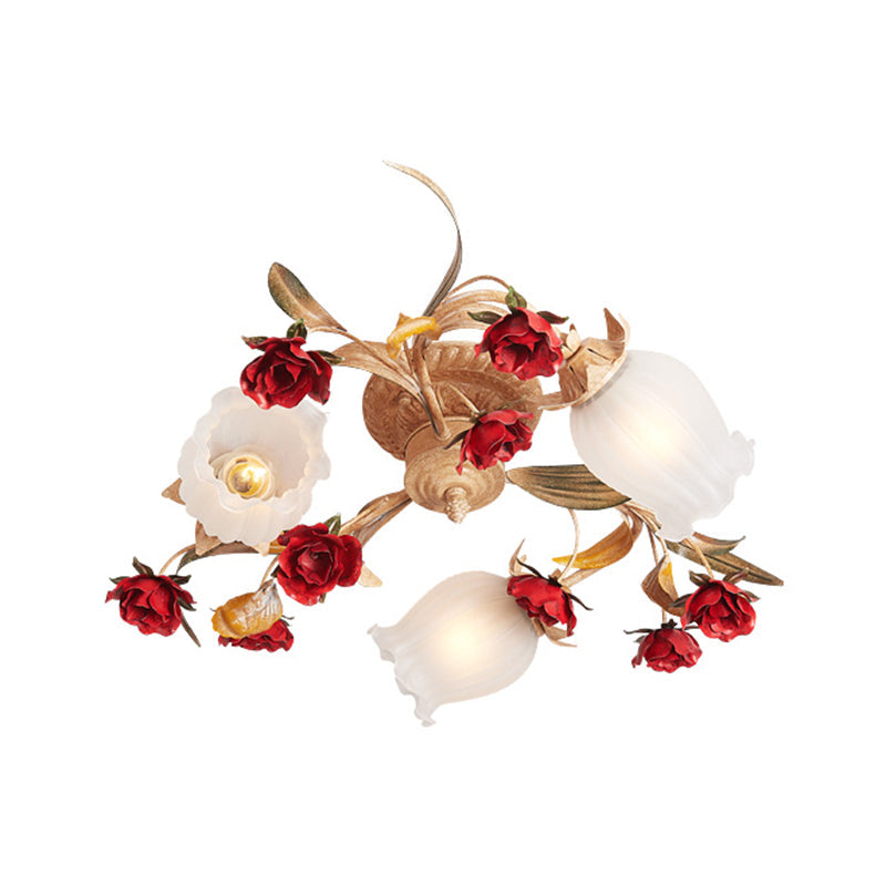 Plafonnier semi-encastré de chambre à coucher à fleurs pastorales romantiques - 3/6 lumières, design en métal café
