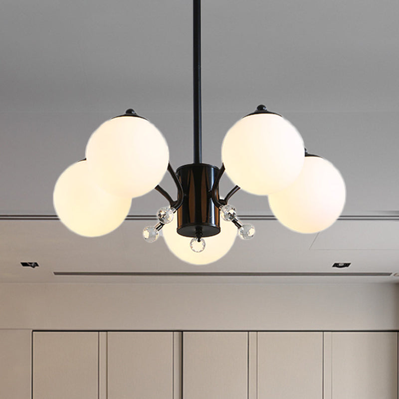 Black Curved Arm Chandelier With White Glass Ball Modern Hanging Ceiling Light (3/5/9 Lights)