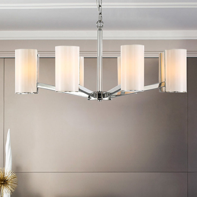 Contemporary White Glass Cylindrical Chandelier - 8-Light Silver Ceiling Pendant Lamp with Adjustable Chain