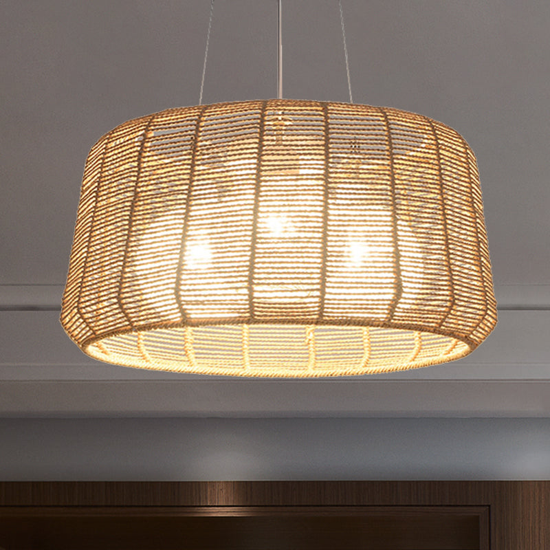 Modern Wood Hanging Pendant Lamp - Rope Drum/Teardrop Design For Living Room