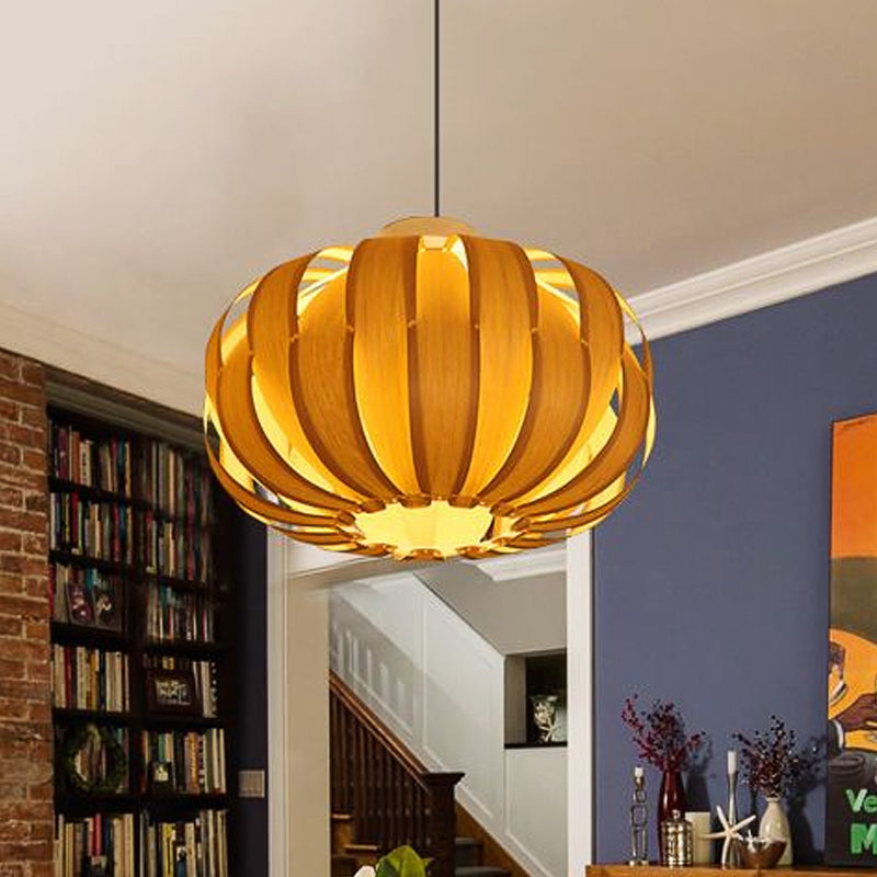 Modernist Pendant Light with Beige Lantern and Wood Shade - 1 Bulb Hanging Fixture