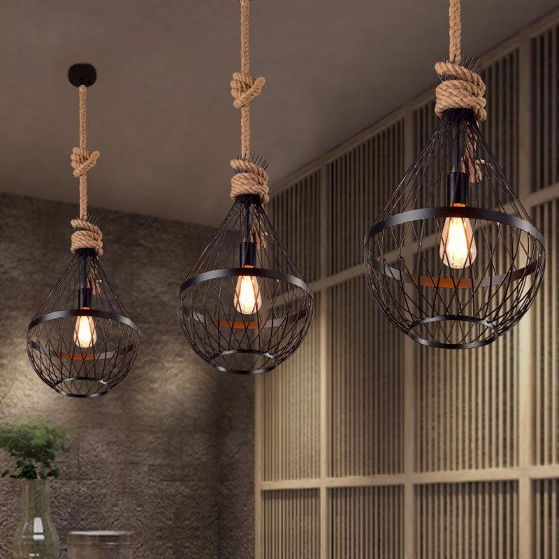 Lampe suspendue en forme de larme : lampe suspendue avec cadre en fil métallique noir et corde de 39 po - Style campagnard