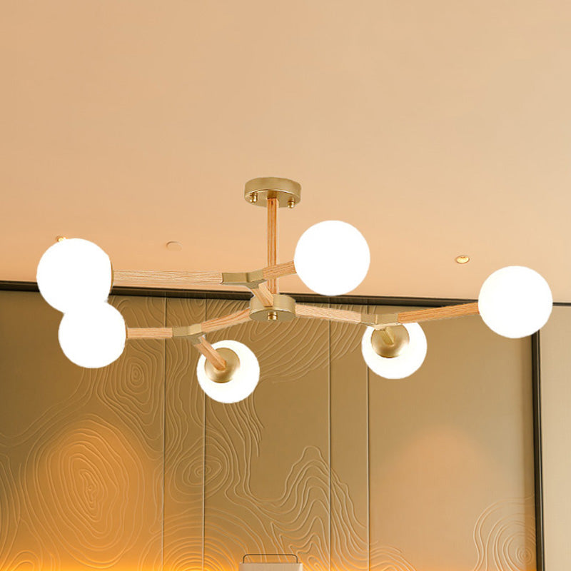 Contemporary Wood Branch Chandelier With White/Black/Gold Finish 3/6/9 Lights And White Glass Shade
