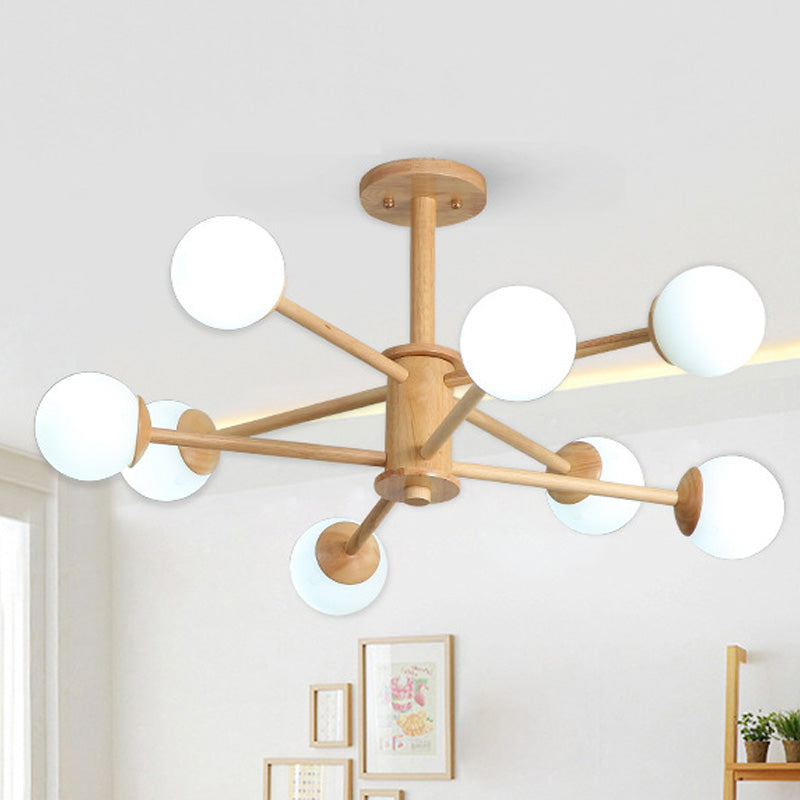 Contemporary Wooden Starburst Chandelier With White Glass Ball Shades - 6/8/12 Lights