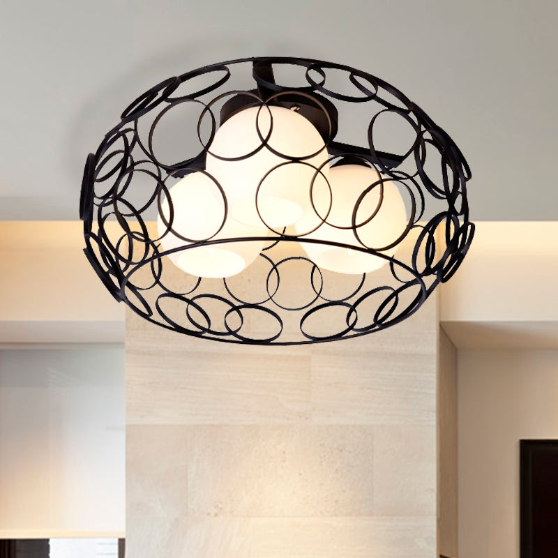 Nordic Drum Iron Cage Ceiling Light with Ball Glass Shade in White/Black – Perfect for Dining Rooms