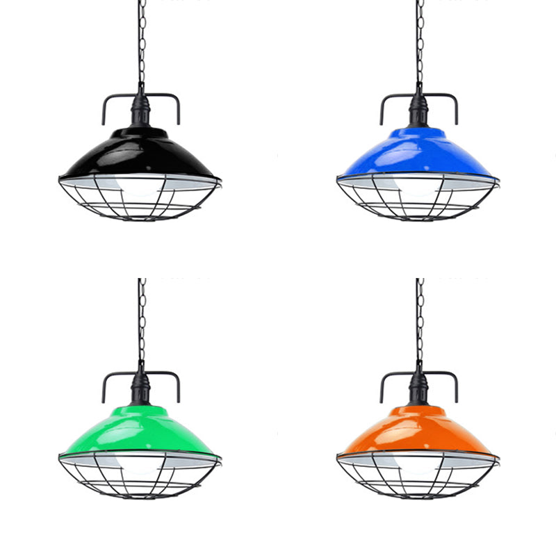 Lampe suspendue industrielle : suspension en forme de dôme à 1 lumière de 11"/14" de diamètre, métal noir/bleu avec cage métallique pour éclairage intérieur