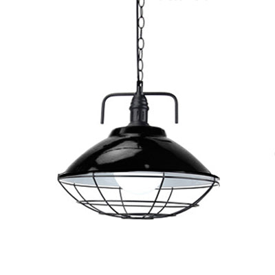 Lampe suspendue industrielle : suspension en forme de dôme à 1 lumière de 11"/14" de diamètre, métal noir/bleu avec cage métallique pour éclairage intérieur