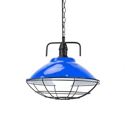 Lampe suspendue industrielle : suspension en forme de dôme à 1 lumière de 11"/14" de diamètre, métal noir/bleu avec cage métallique pour éclairage intérieur