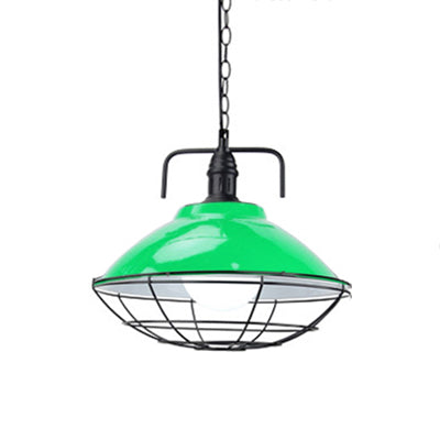 Lampe suspendue industrielle : suspension en forme de dôme à 1 lumière de 11"/14" de diamètre, métal noir/bleu avec cage métallique pour éclairage intérieur