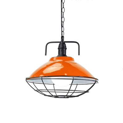 Lampe suspendue industrielle : suspension en forme de dôme à 1 lumière de 11"/14" de diamètre, métal noir/bleu avec cage métallique pour éclairage intérieur