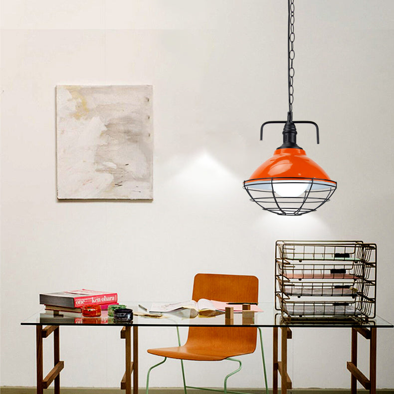 Lampe suspendue industrielle : suspension en forme de dôme à 1 lumière de 11"/14" de diamètre, métal noir/bleu avec cage métallique pour éclairage intérieur